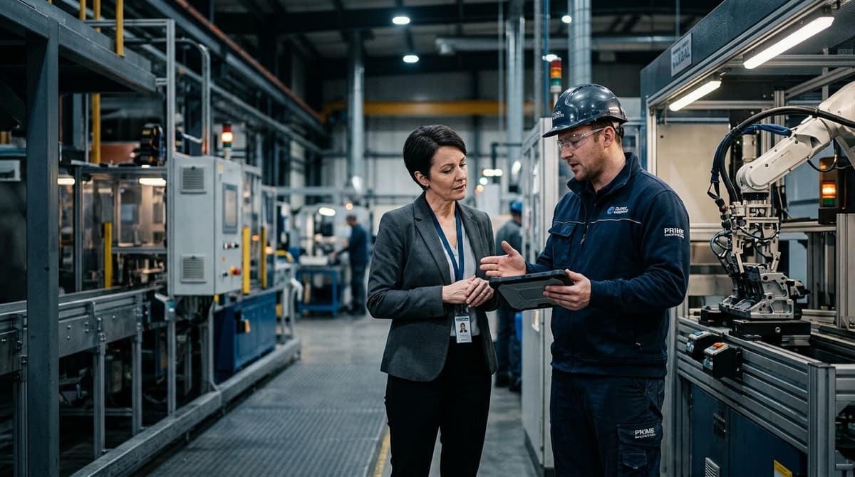 Manager and worker on a factory floor