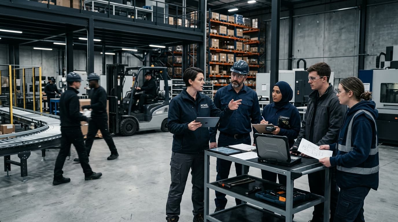 Manager coordinating with a team on a factory floor