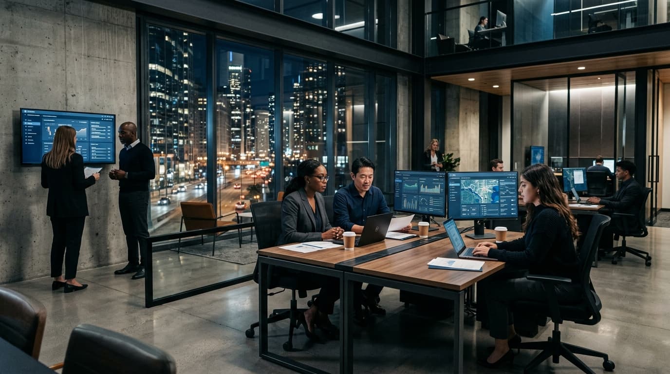 Diverse workforce and business operations in a modern professional environment