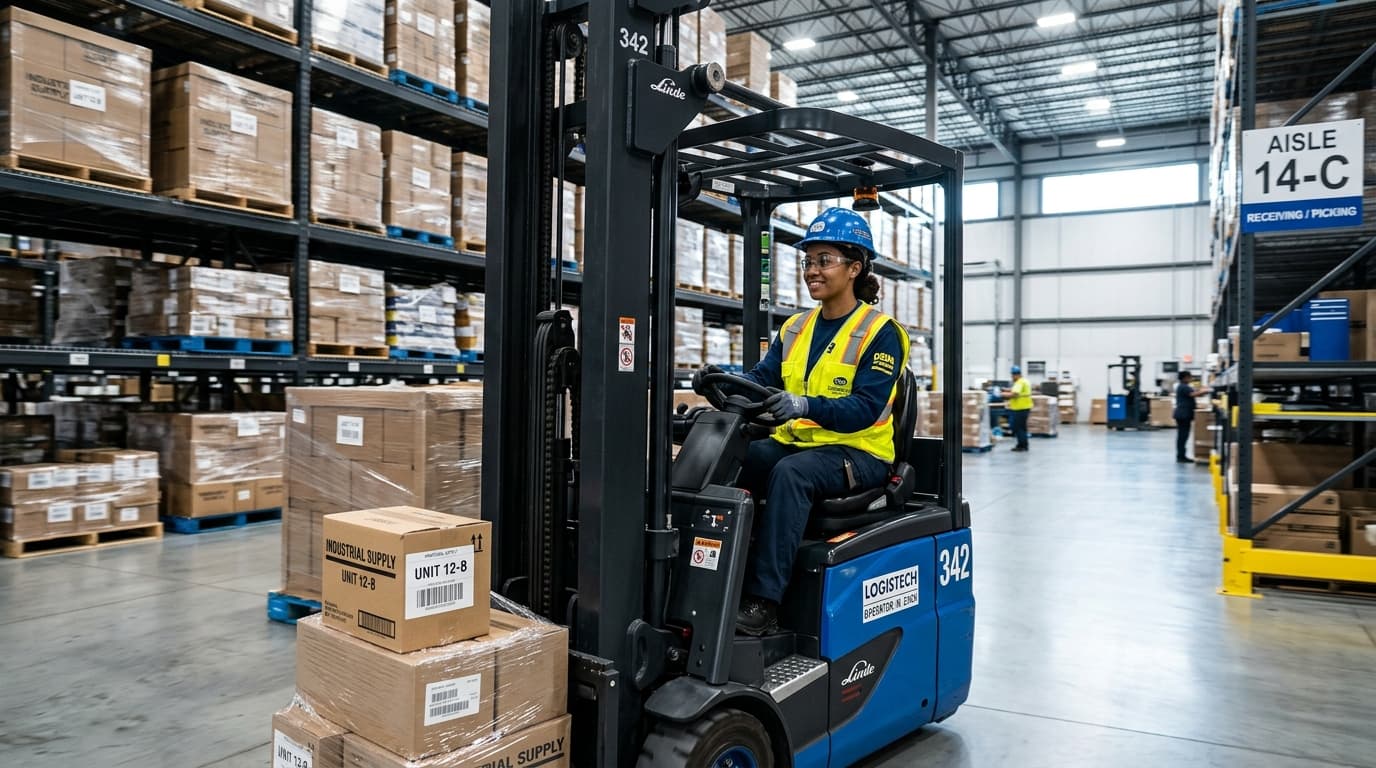 Semi-skilled industrial worker operating a forklift